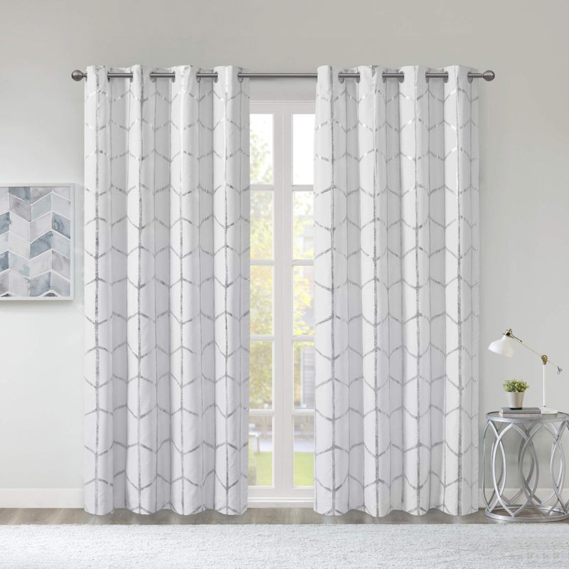 Intelligent Design Blackout Window Curtain, Light Blocking Curtains for Living Room, Thermal Insulated Window Panel with Metallic Print and Grommet Top, 50"x63", White/Silver, 1 Piece - Image 1